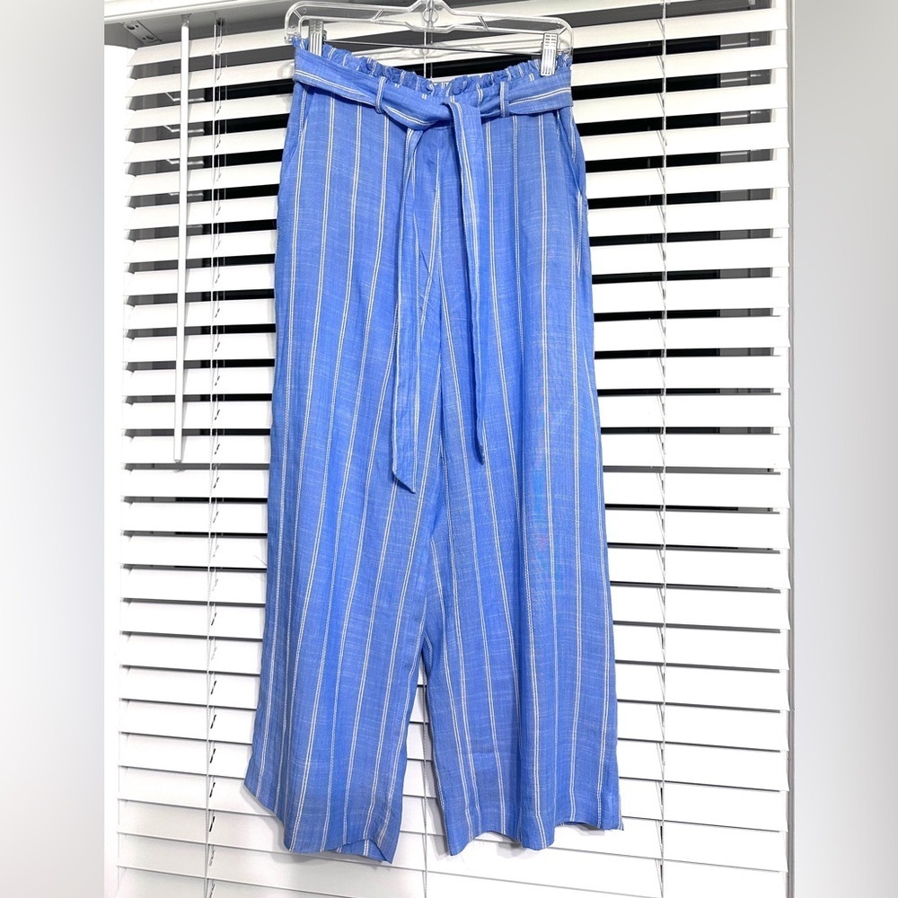 #6) Lauren Conrad blue pants with white striped wide leg pants with belt